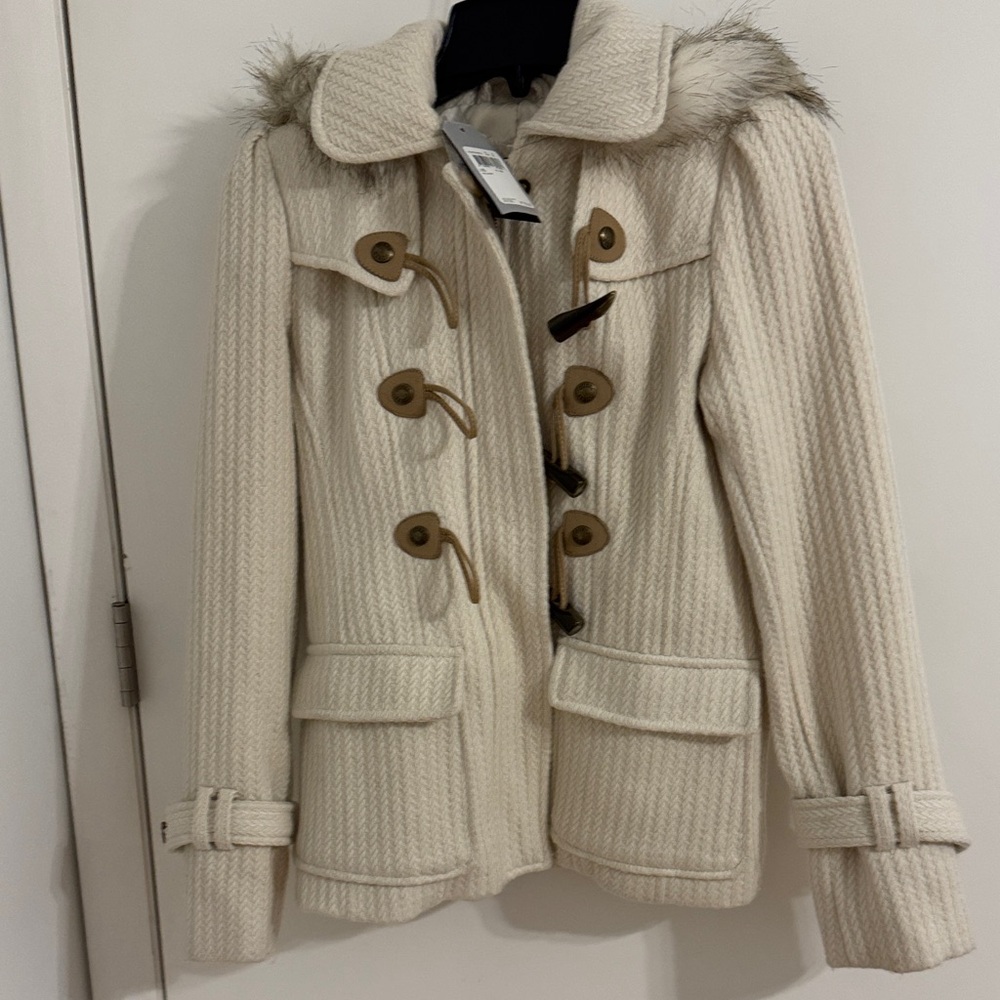 Guess Cream Pea Coat with Fur Collar